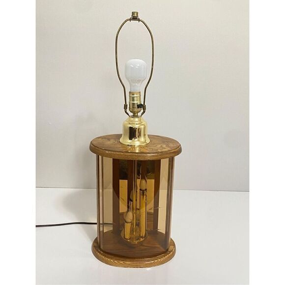 Vintage Mid-century Smoked Glass and Wood 3 Way Table Lamp 27in H - Picture 9 of 12